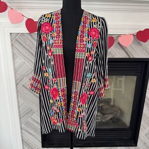 Savanna Jane Striped Floral Embroidered Kimono Cardigan Boho‎ Medium NWOT